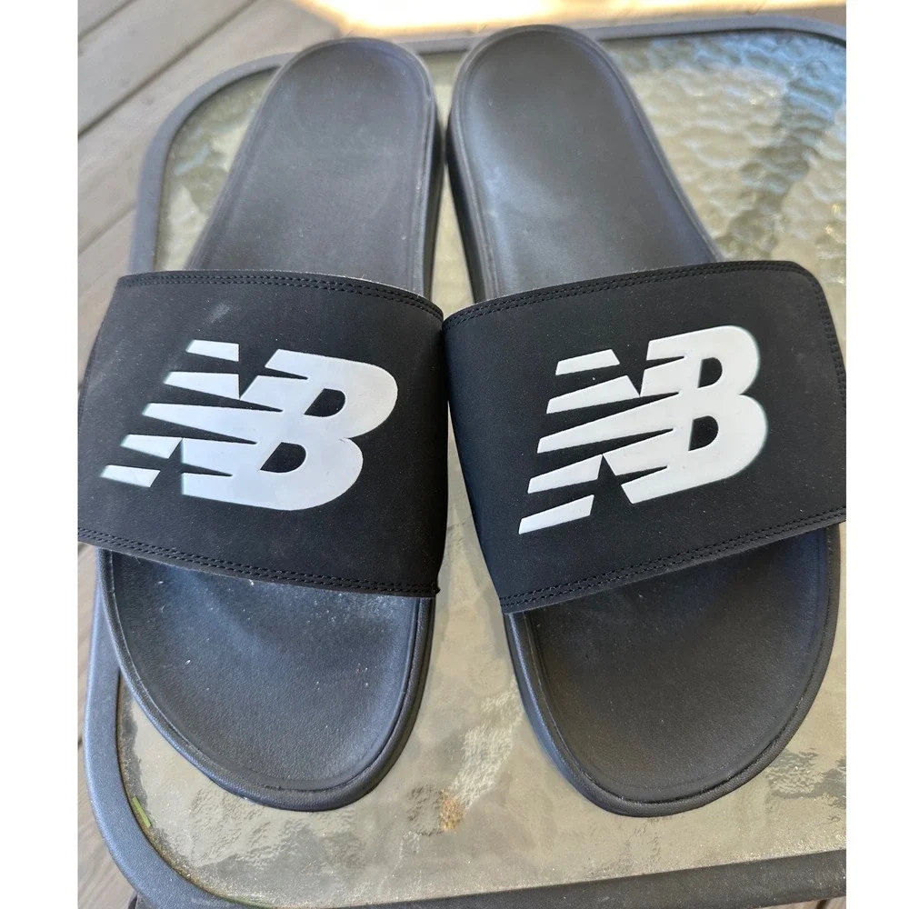 New Balance Men 14 Wide 2E Black White Adjustable Slide Sandals - Picture 2 of 9